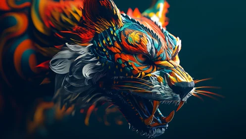 Digital painting of neon feral tiger head in dynamic profile.