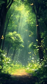 Enchanted Forest Path with Golden Butterflies