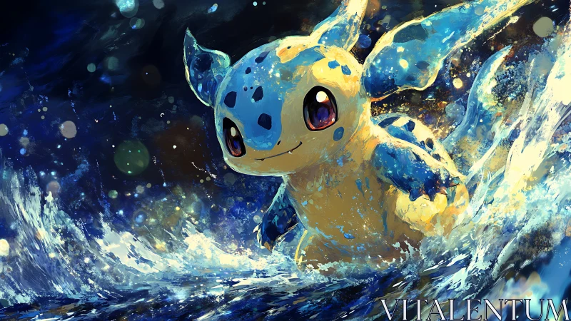 Blue and yellow aquatic creature surging through water.