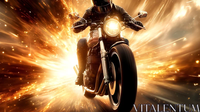 Motorcycle rider blasts through fiery light tunnel at speed.