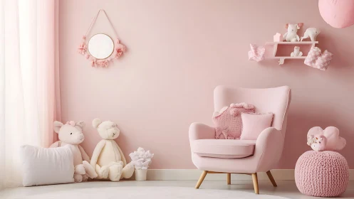 Soft pink nursery interior with plush decor and armchair focus.