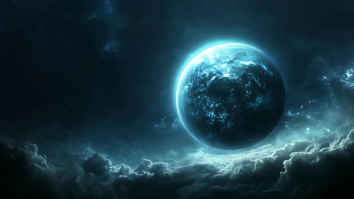 Luminous blue planet rises above stormy cosmic cloudscape