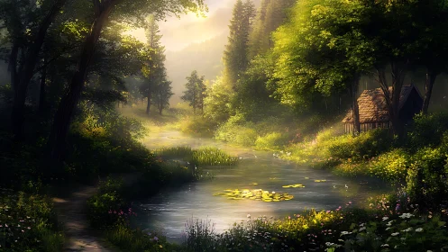 Luminescent Forest Stream: Verdant Canopy With Ambient Radiance Study.