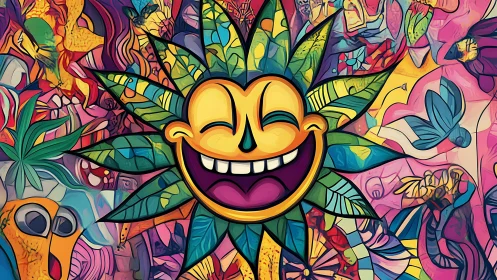 Smiling sun face with leaf rays in bold psychedelic colors.