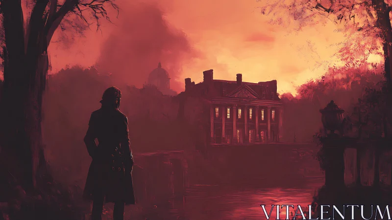 Solitary stranger watching a haunted manor ignite at dusk.