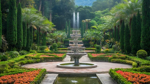 Central tiered fountain aligns with symmetrical formal garden
