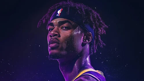 Focused basketball player glowing under deep purple light.