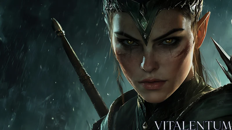 Battle-hardened elven commander with rain-soaked war regalia.