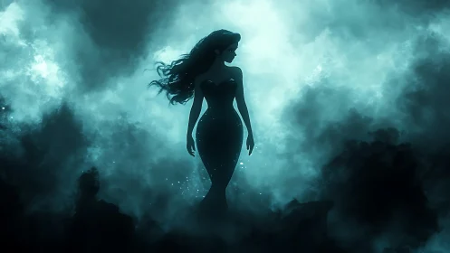Silhouetted mermaid emerges through bioluminescent ocean mist