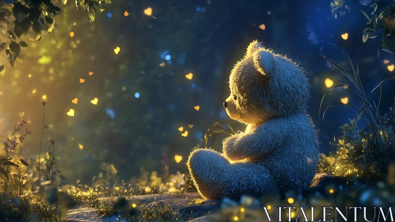Teddy bear resting in glowing forest with soft heart lights.