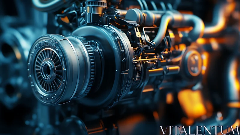 Rendered turbocharged engine assembly in colored light.