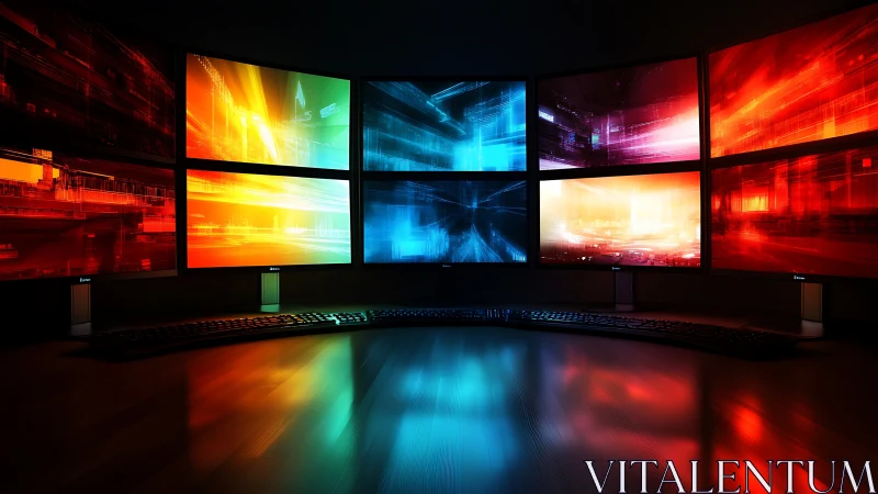 Curved multi-monitor workstation shows abstract light graphics