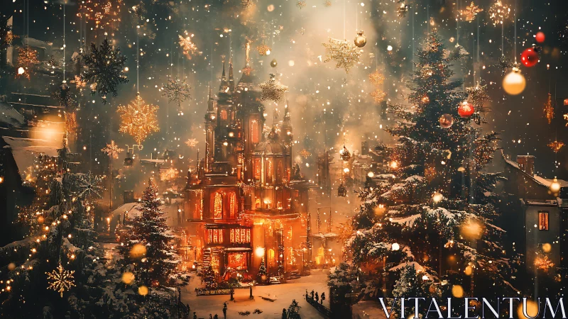 Enchanting winter cathedral glows amid drifting golden snow.