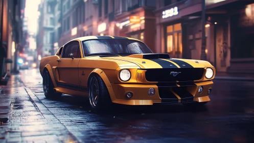 Restomod Mustang fastback rendered with wet asphalt reflections and DOF