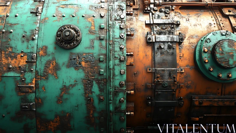 Rust weathered industrial boiler with teal and orange panels.