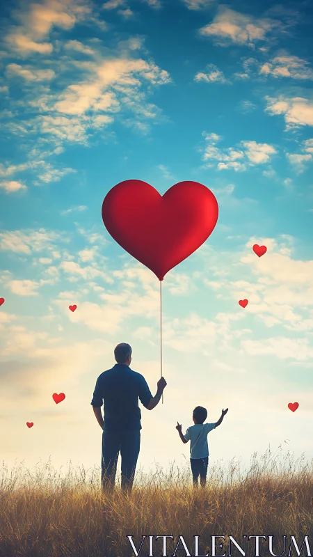 Father and Child Release Giant Heart Balloon into Sky