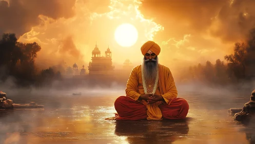 Sikh sage in lotus pose over misty river at radiant sunrise