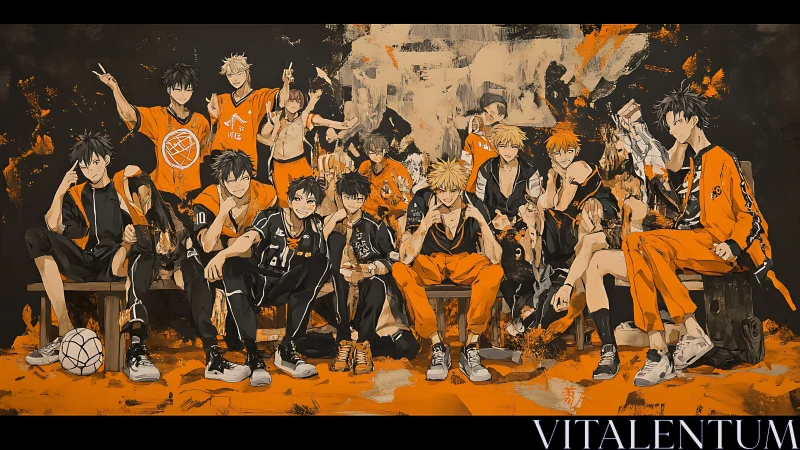Dynamic anime basketball squad in bold orange uniforms.
