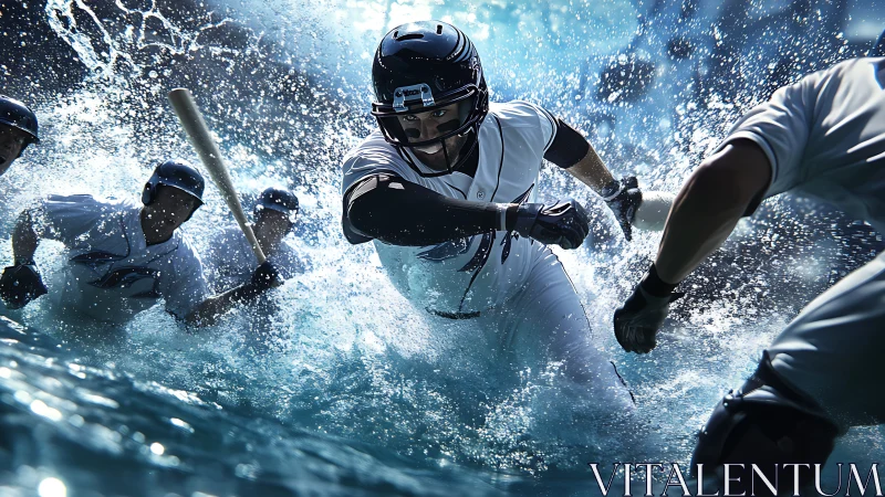 Baseball players running through dynamic water environment.