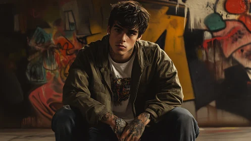 Young man in streetwear crouching before urban graffiti wall.