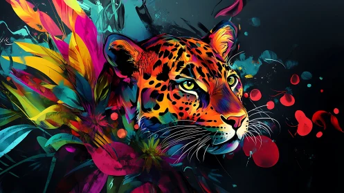 Colorful Leopard Portrait with Vibrant Florals