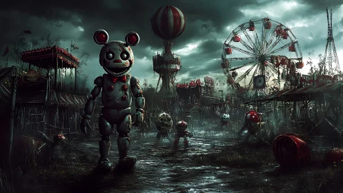 Rusty carnival robot wandering through a haunted fairground.