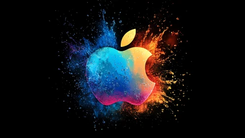 Color-splashed apple emblem erupts in neon liquid motion.