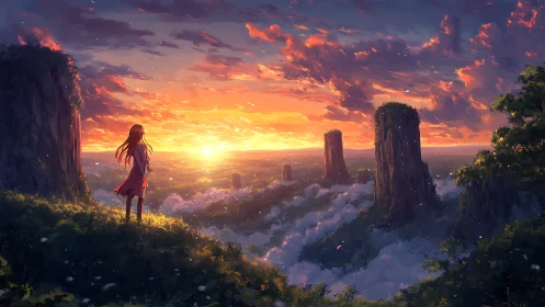 Sunset wanderer gazes over glowing cliffs and cloud valley