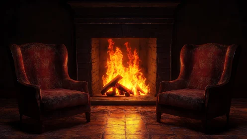 Fireplace Interior with Symmetrical Wingback Chairs.