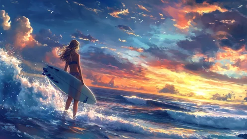 Female surfer with board in waves under vivid sunset sky.