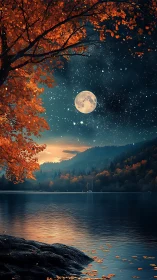 Calm autumn lake under full moon and starry night sky.
