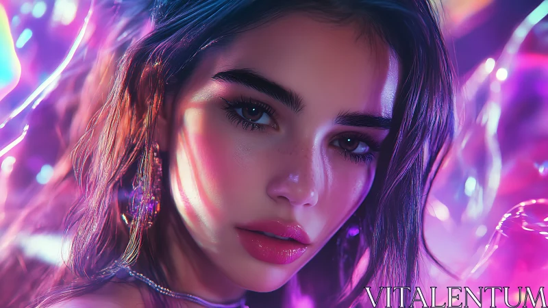 Neon lit digital portrait of young woman in iridescent bokeh glow