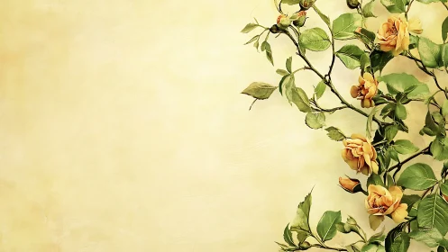 Golden garden roses lean gently across a soft cream wall