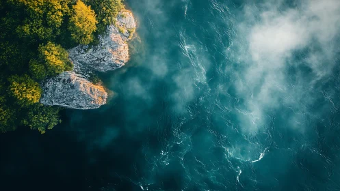 Aerial rock shoreline with teal water and low morning mist