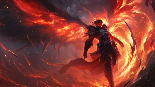 Armored figure in fiery vortex with extended burning wings.