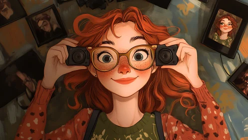 Red-haired photographer girl with cameras and warm portraits.