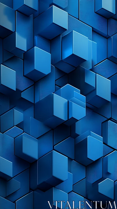 Blue 3D geometric cubes forming abstract layered wall.