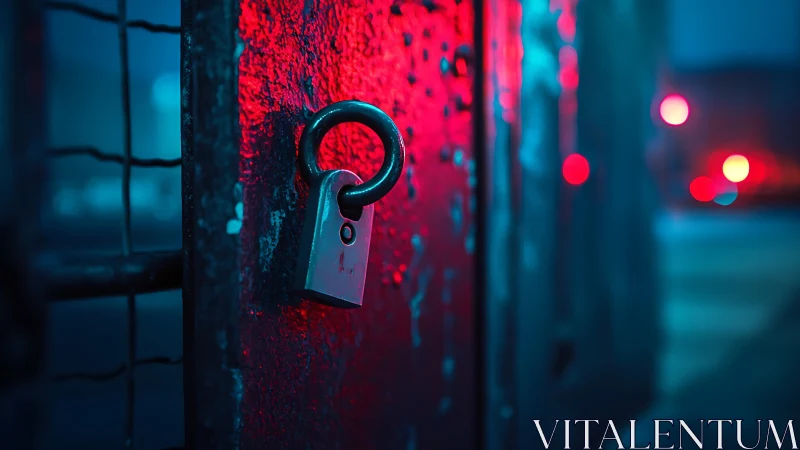 City gate lock glowing in neon night streetlight hush.