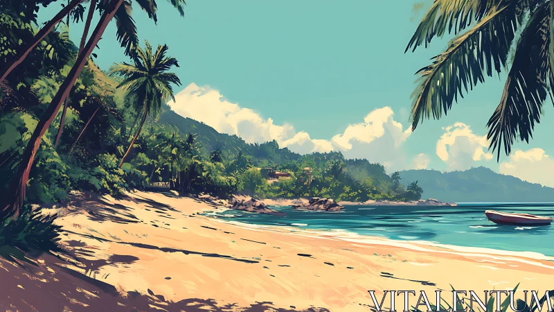 Stylized tropical beach rendered with volumetric cloud dynamics and directional light shadow casting