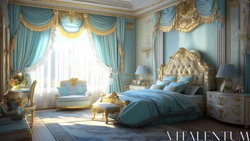 Opulent blue and gold neoclassical bedroom interior design.