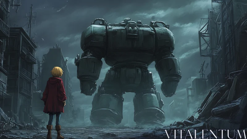 Child confronts massive robot in ruined city street.