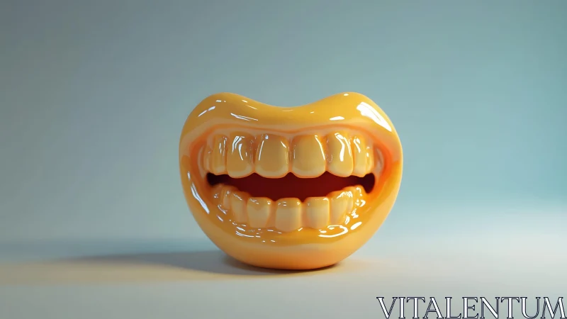 Glossy 3D Cartoon Mouth Sculpture with Realistic Teeth on Soft Background.