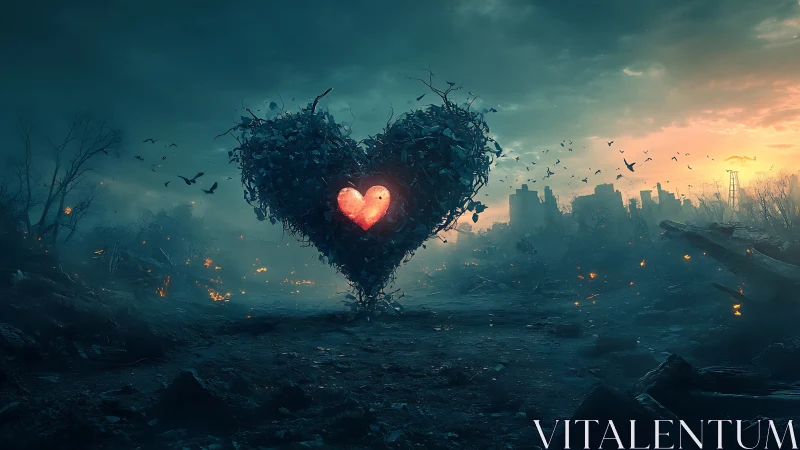 Luminescent Heart in Apocalyptic Wasteland: Digital Painting.