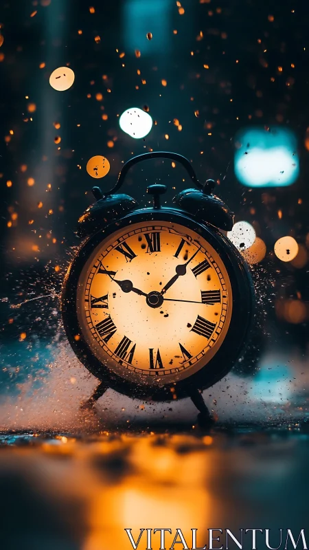 Rainlit vintage clock catching sparks of wandering time.