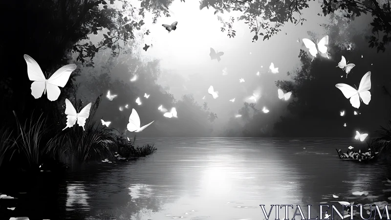 Gentle moonlit butterflies drifting above a quiet forest lake.