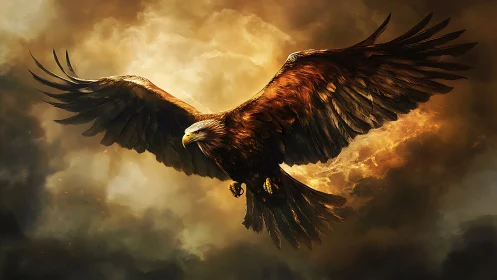 Majestic eagle soaring through dramatic clouds, digital art style.