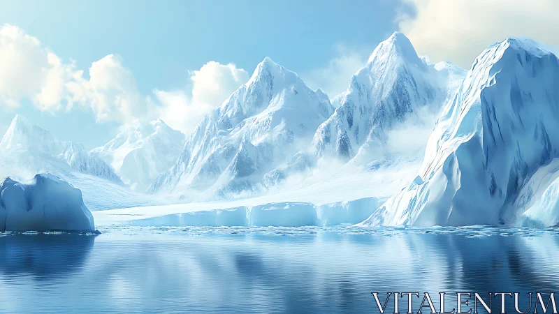 Snow covered polar mountains and icebergs above still water.