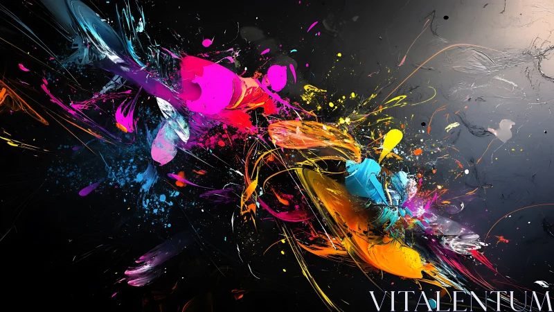Neon paint explosions streak across dark abstract surface.