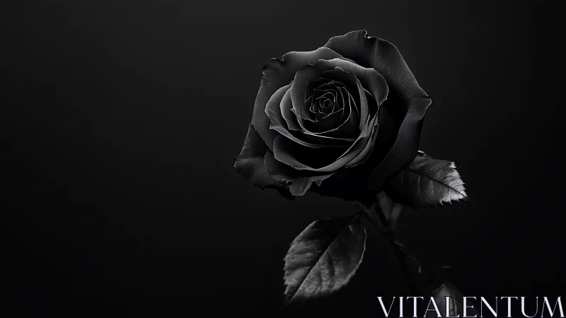 Single black rose on dark background in sharp focus.