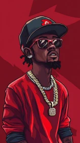Stylized illustration of man in red outfit with gold chain.